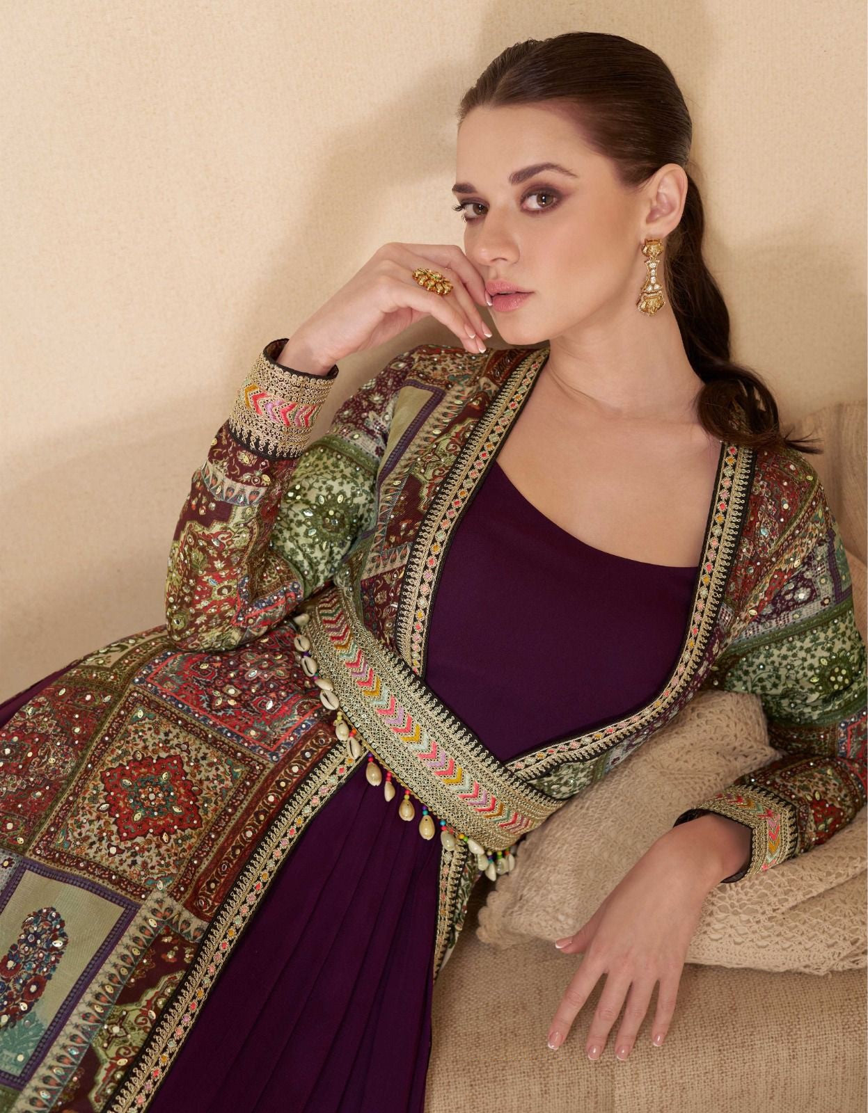 Embroidery Georgette Purple Gown With Multicolor Shrug