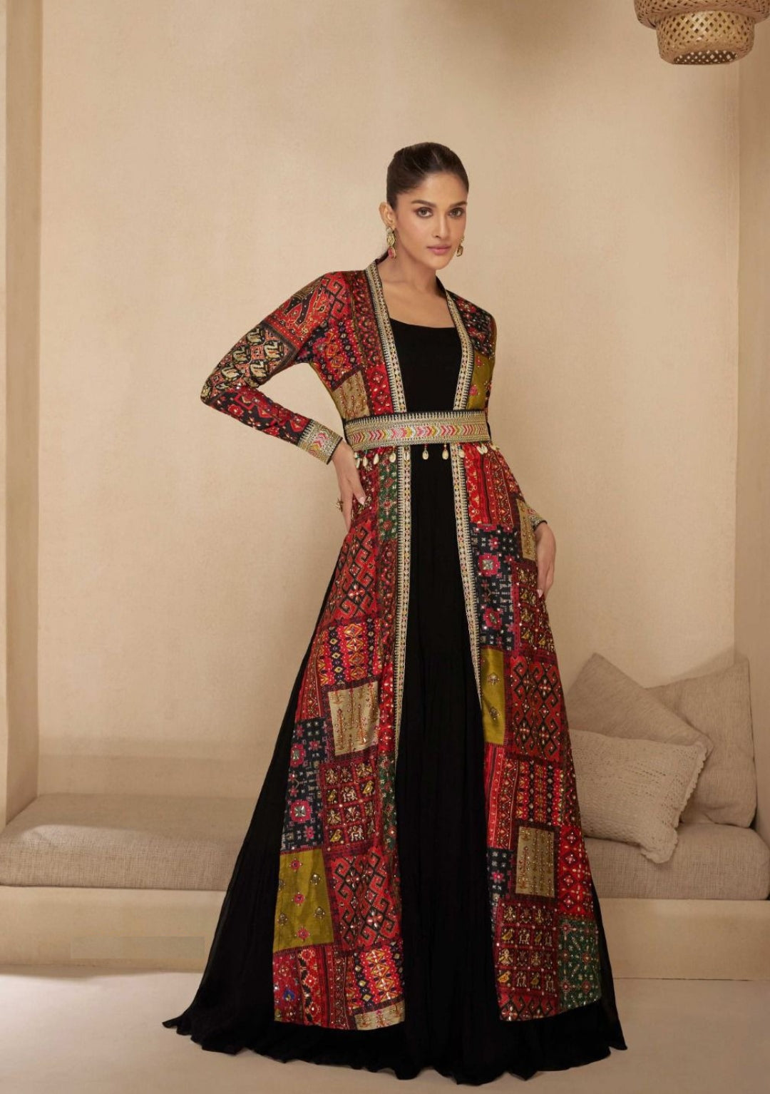 Hand Embellished Black Georgette Gown With Multicolor Shrug