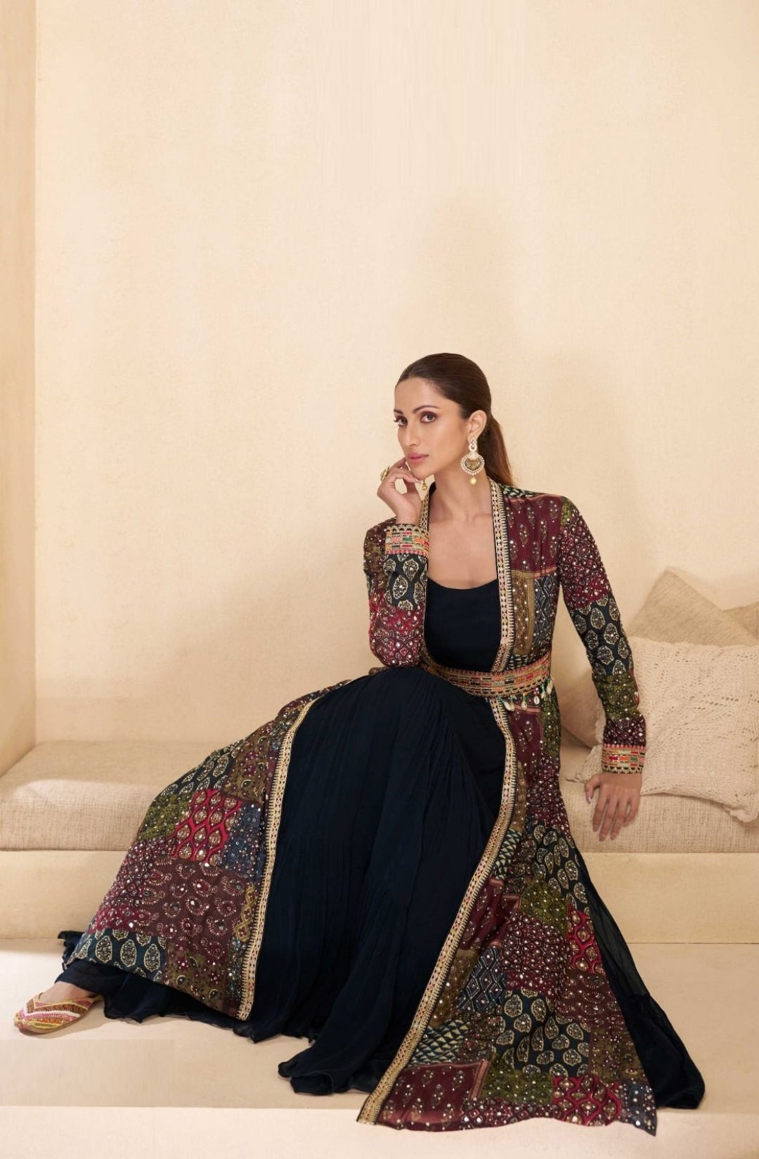 Hand Embellished Black Georgette Gown With Multicolor Shrug