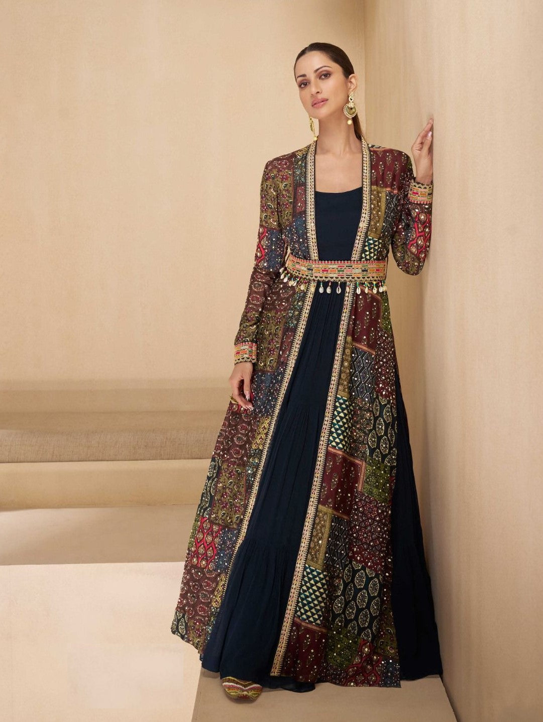 Hand Embellished Black Georgette Gown With Multicolor Shrug