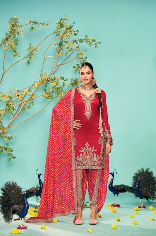 Pretty Red Chinon Dhoti Pant Suit Set