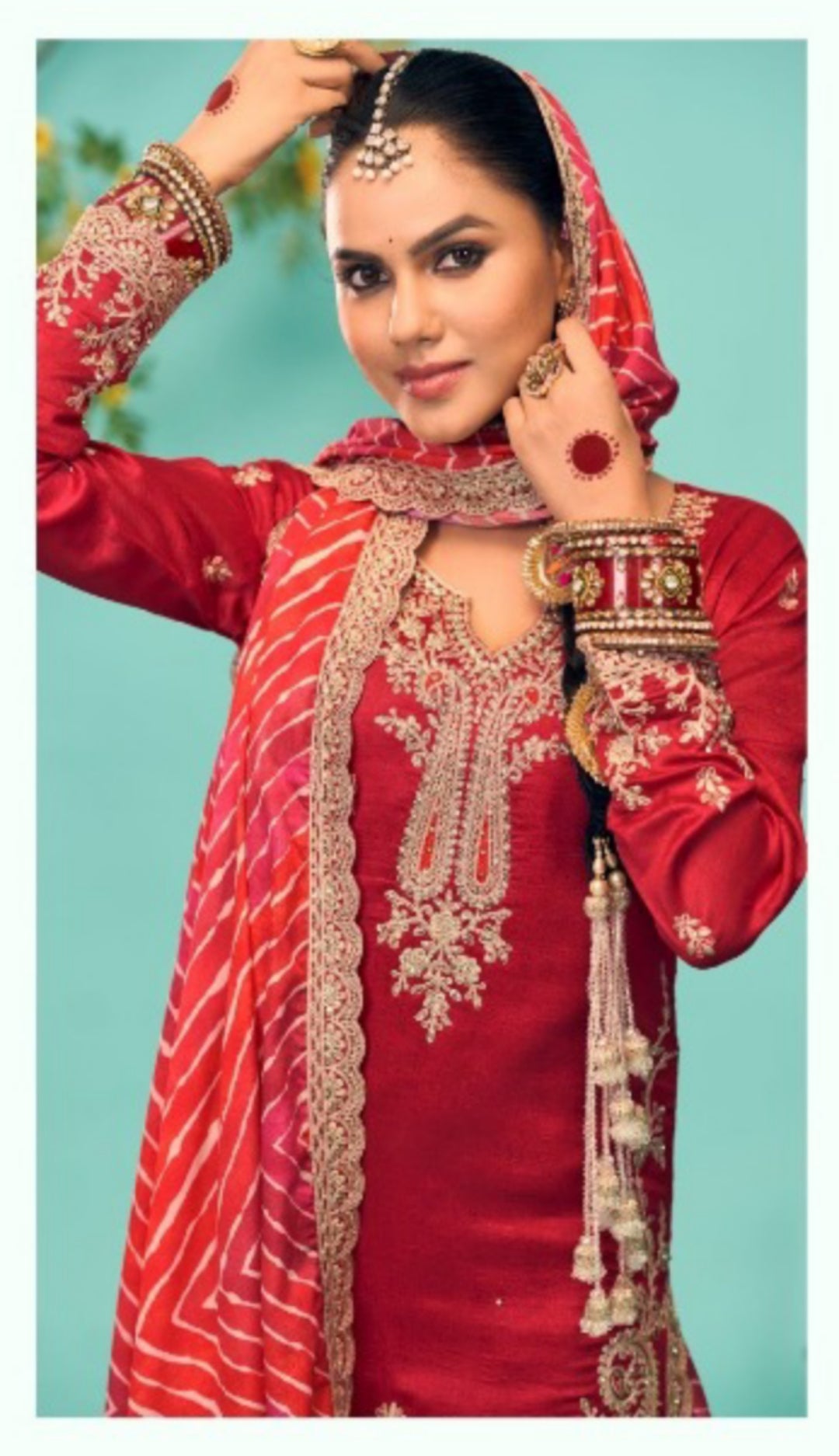 Pretty Red Chinon Dhoti Pant Suit Set