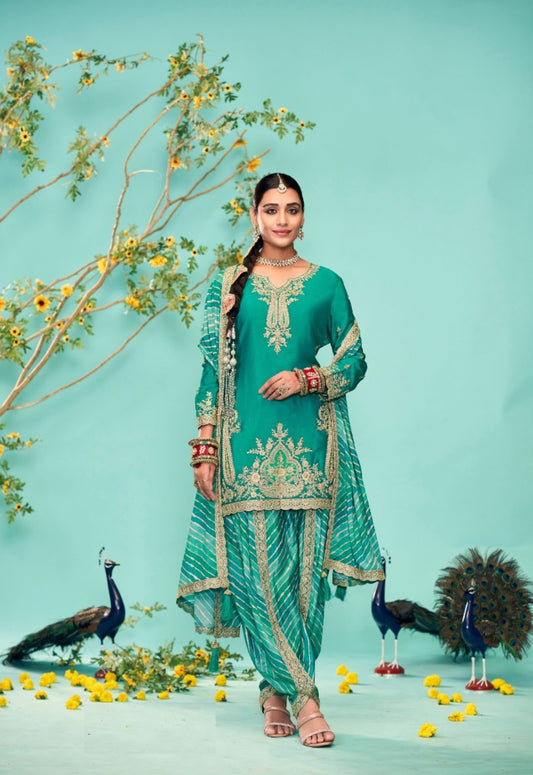Charming Rama Green Chinon Dhoti Pant Suit Set