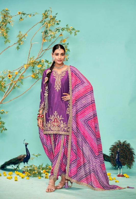 Comfy Purple Chinon Dhoti Pant Suit Set