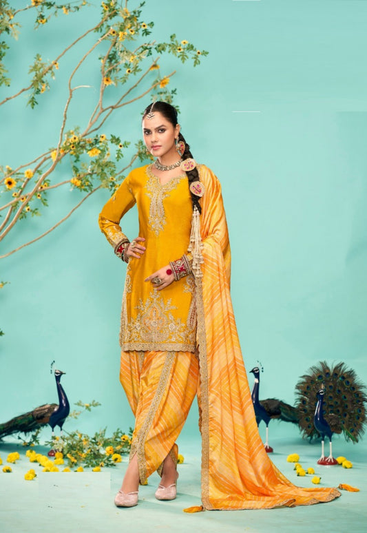Magnificent Mustard Chinon Dhoti Pant Suit Set