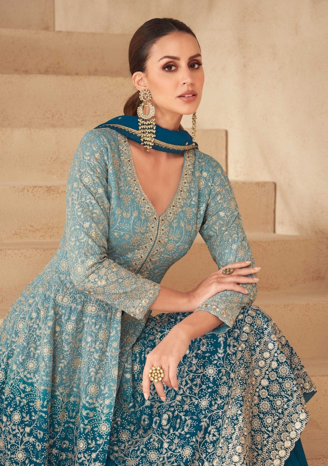 Teal Georgette Front-Slit Salwar Suit Set