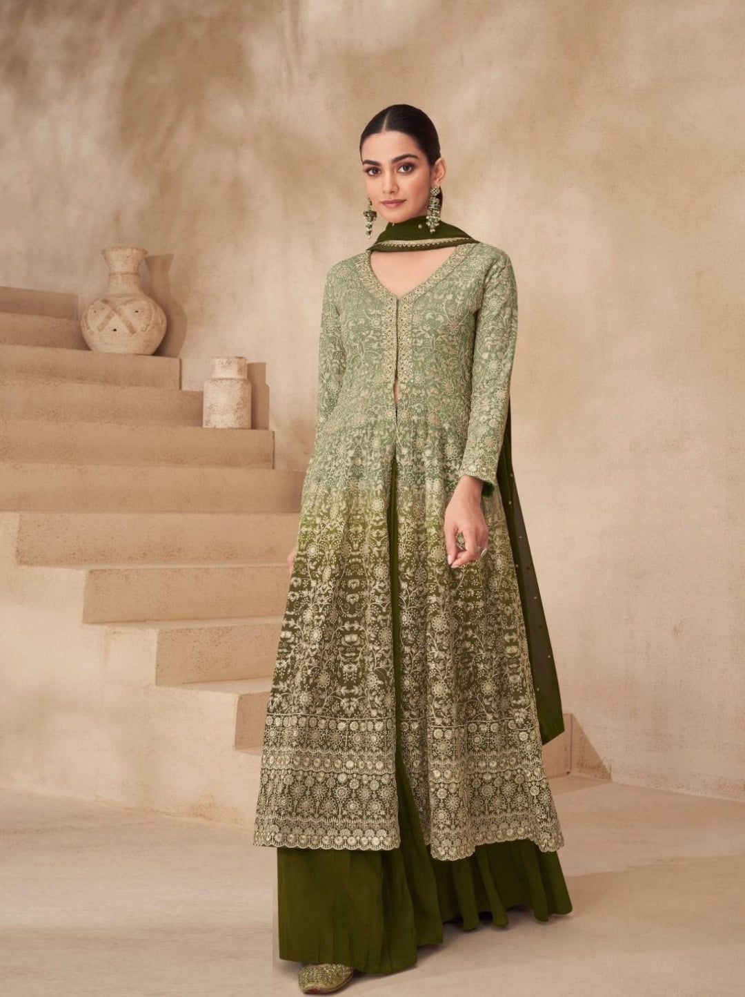 Women Georgette Mehndi Green Front-Slit Salwar Suit Set