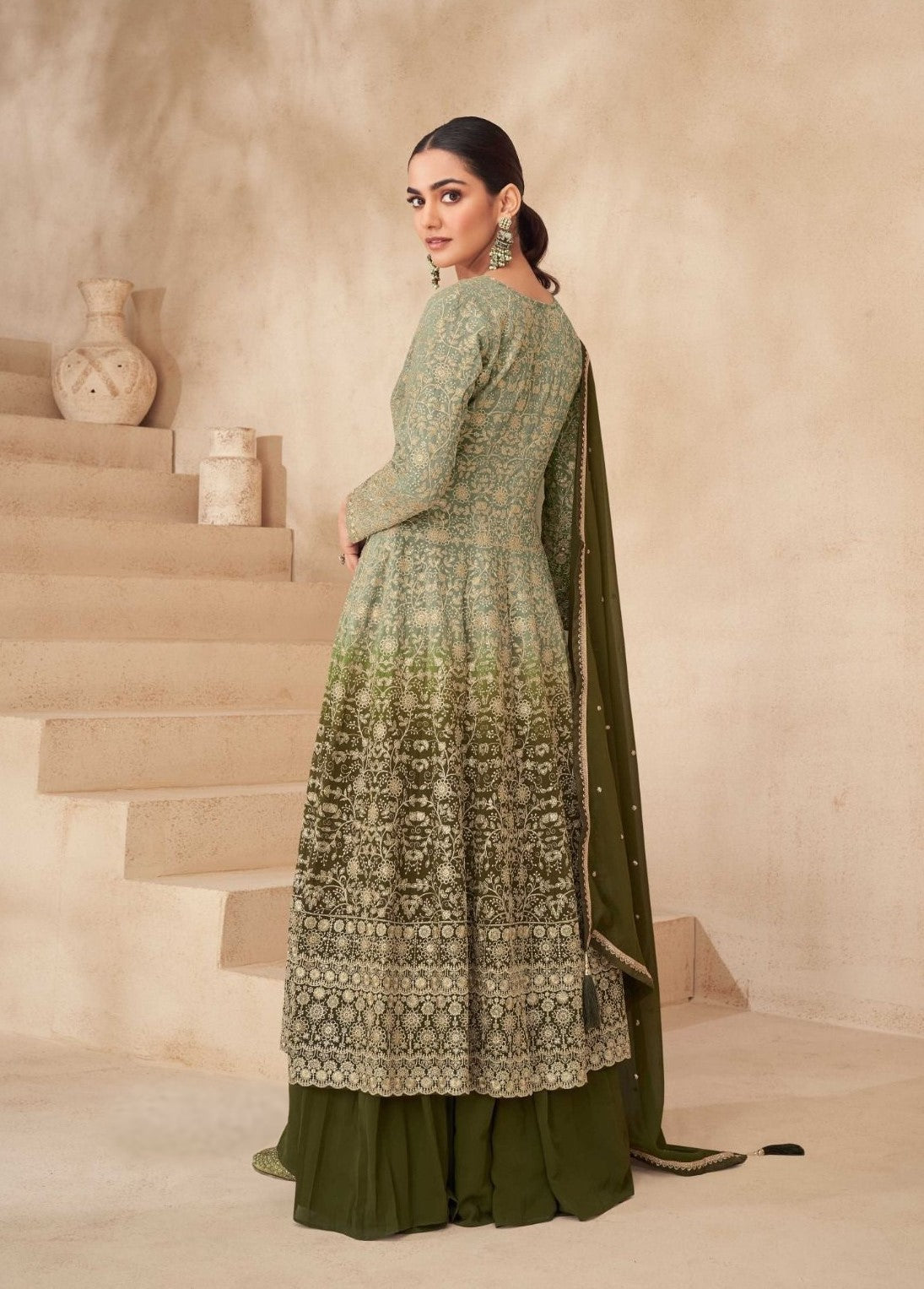 Women Georgette Mehndi Green Front-Slit Salwar Suit Set