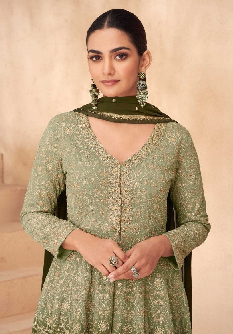 Women Georgette Mehndi Green Front-Slit Salwar Suit Set