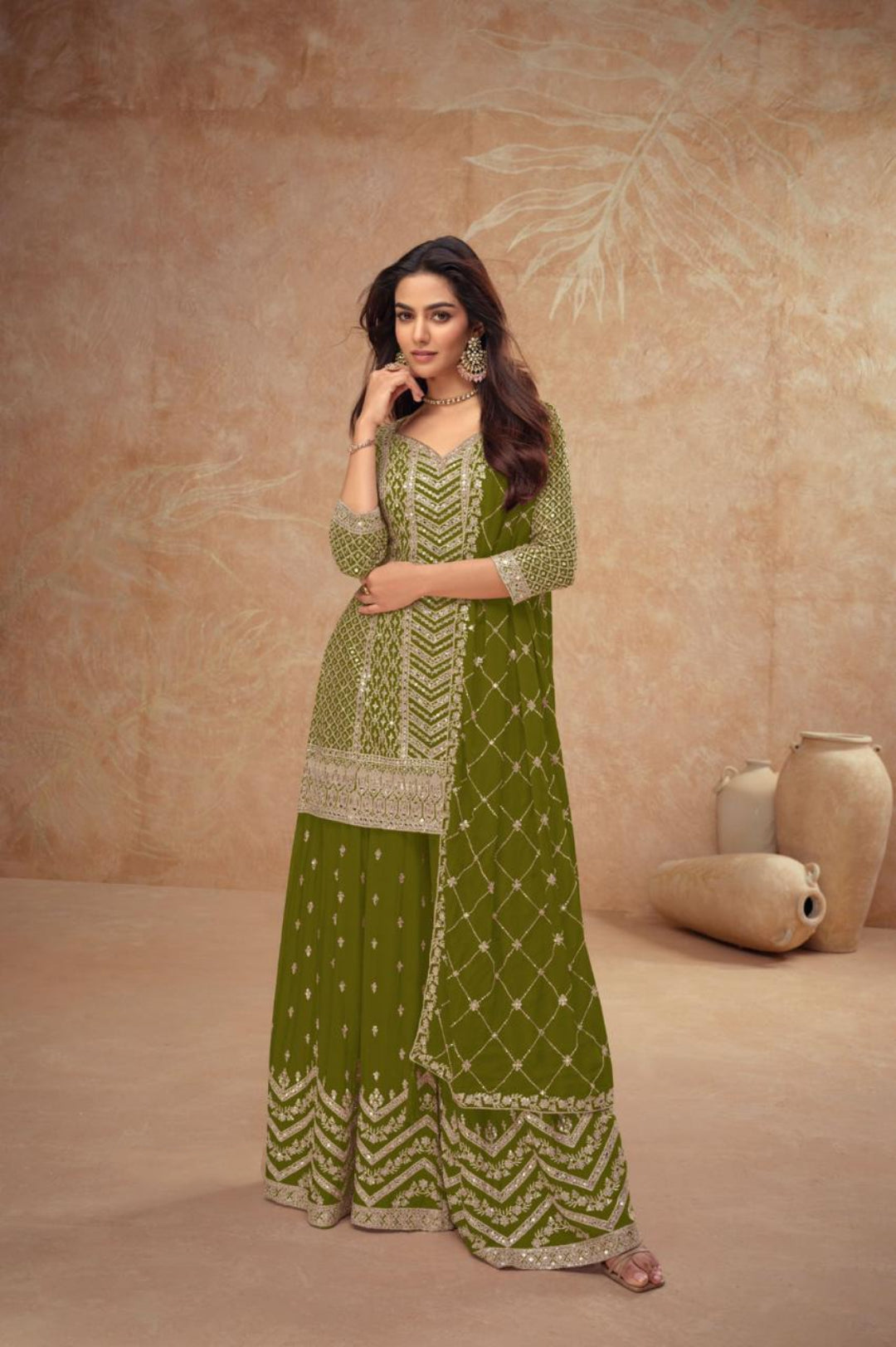 Dark Mehndi Green Chinon Palazzo Suit Set