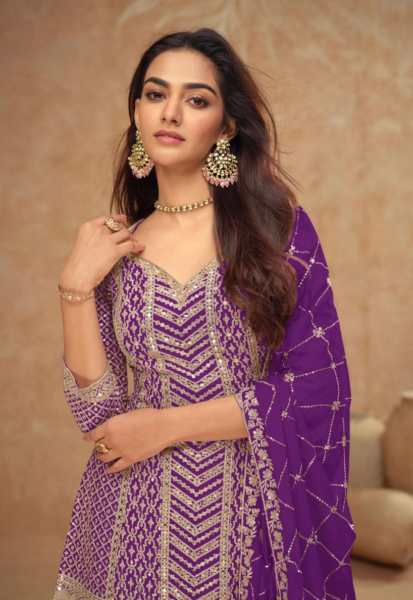 Women Purple Chinon Fabric Palazzo Suit Set