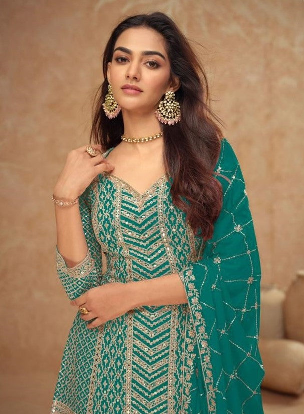 Latest Teal Chinon Palazzo Suit Set