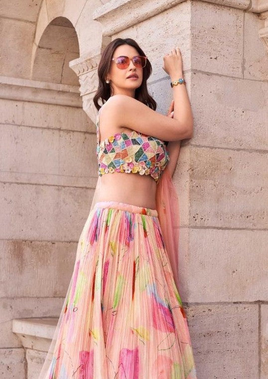 Glamorous Multicolor Chinon Silk Stylish Lehenga Set