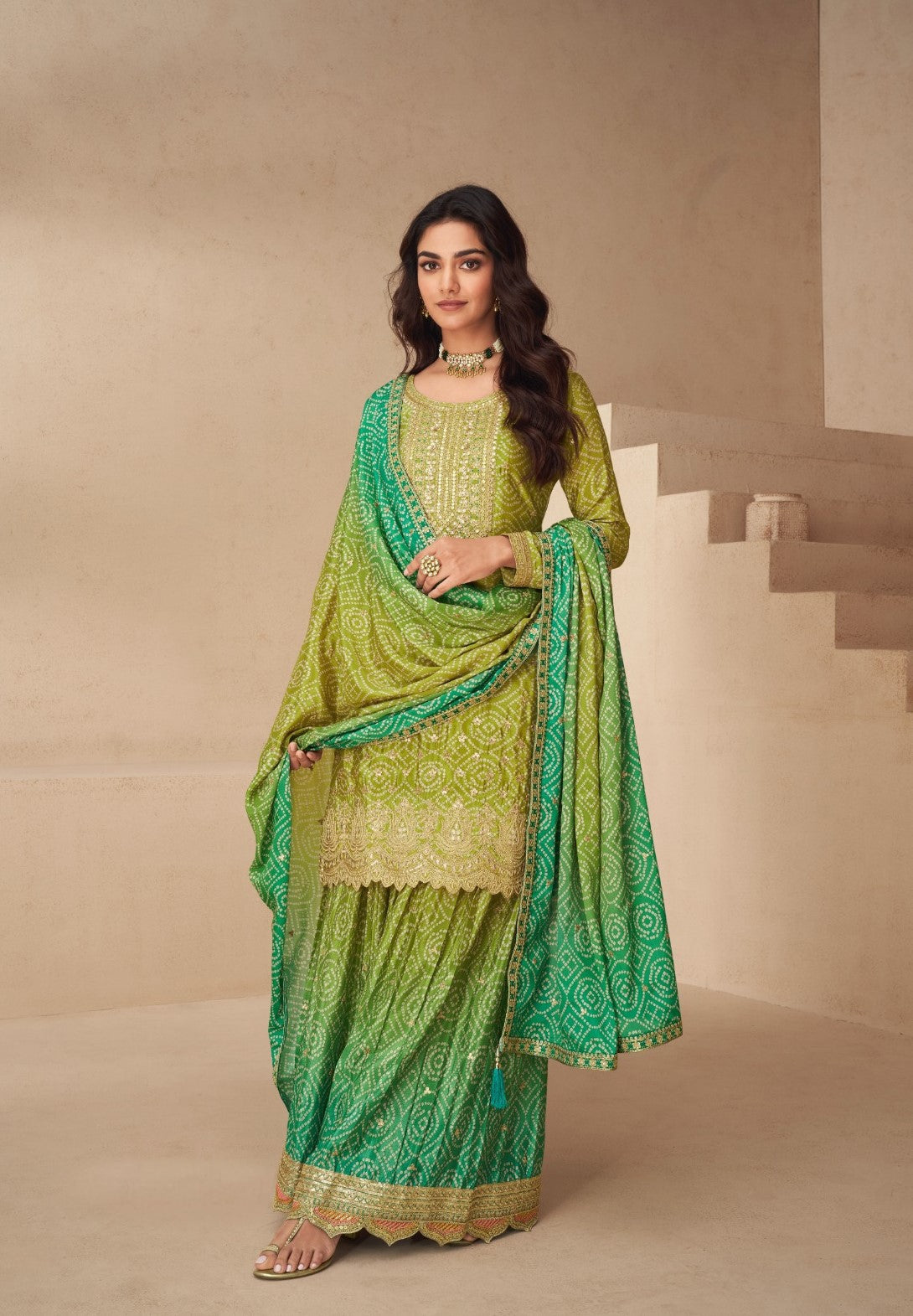 Comfort Multi Rama Green Chinon Silk Palazzo Suit Set