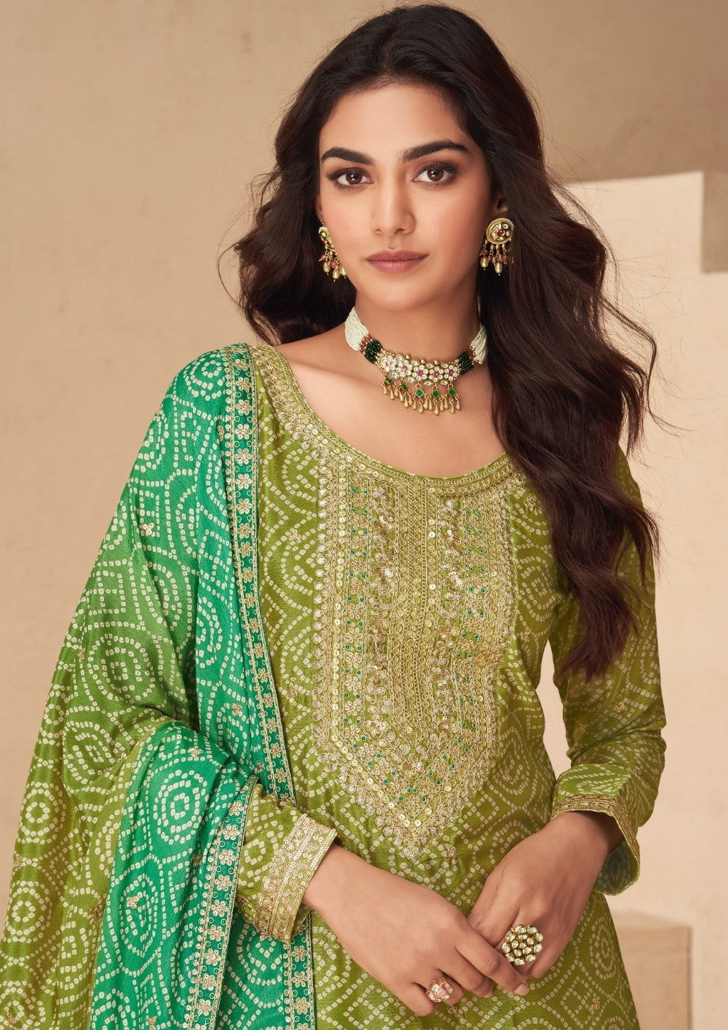 Comfort Multi Rama Green Chinon Silk Palazzo Suit Set