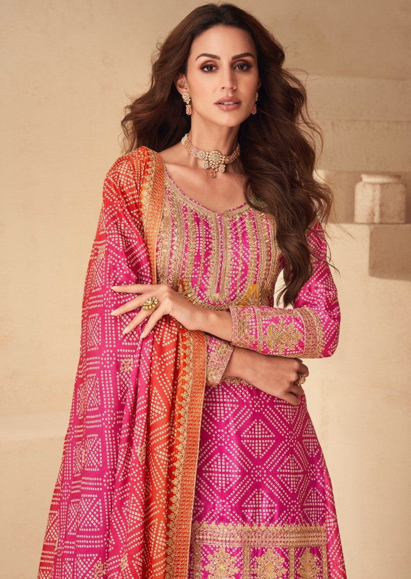 Women Pink And Orange Chinon Silk Palazzo Suit Set