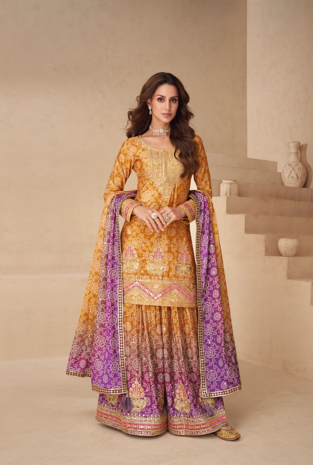 Women Orange Multi Chinon Silk Palazzo Suit Set