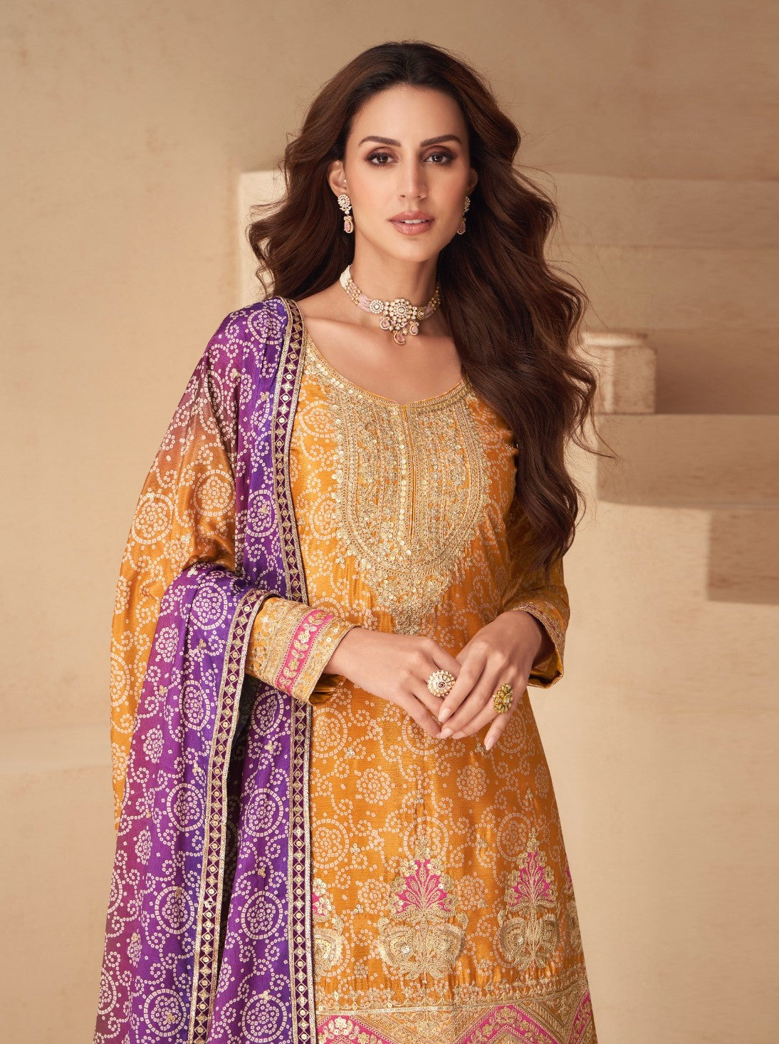 Women Orange Multi Chinon Silk Palazzo Suit Set
