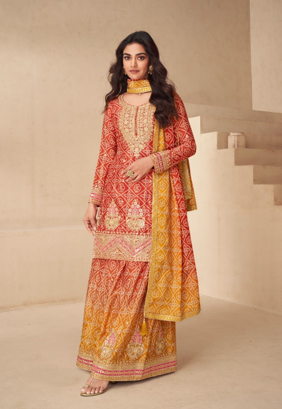 Women Red And Orange Chinon Silk Palazzo Suit Set