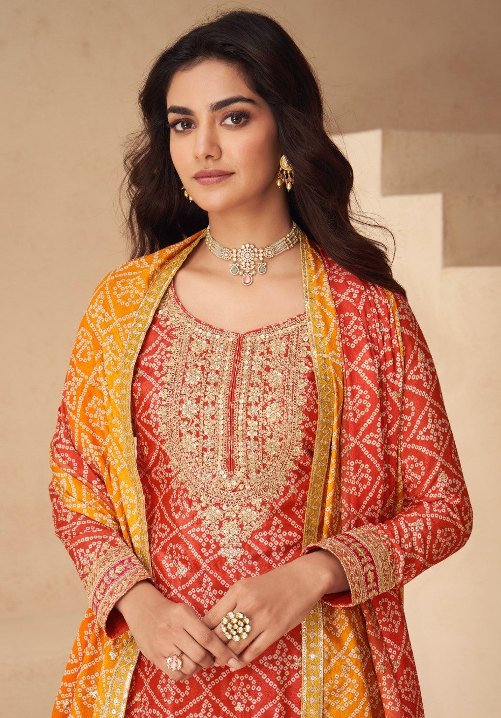 Women Red And Orange Chinon Silk Palazzo Suit Set