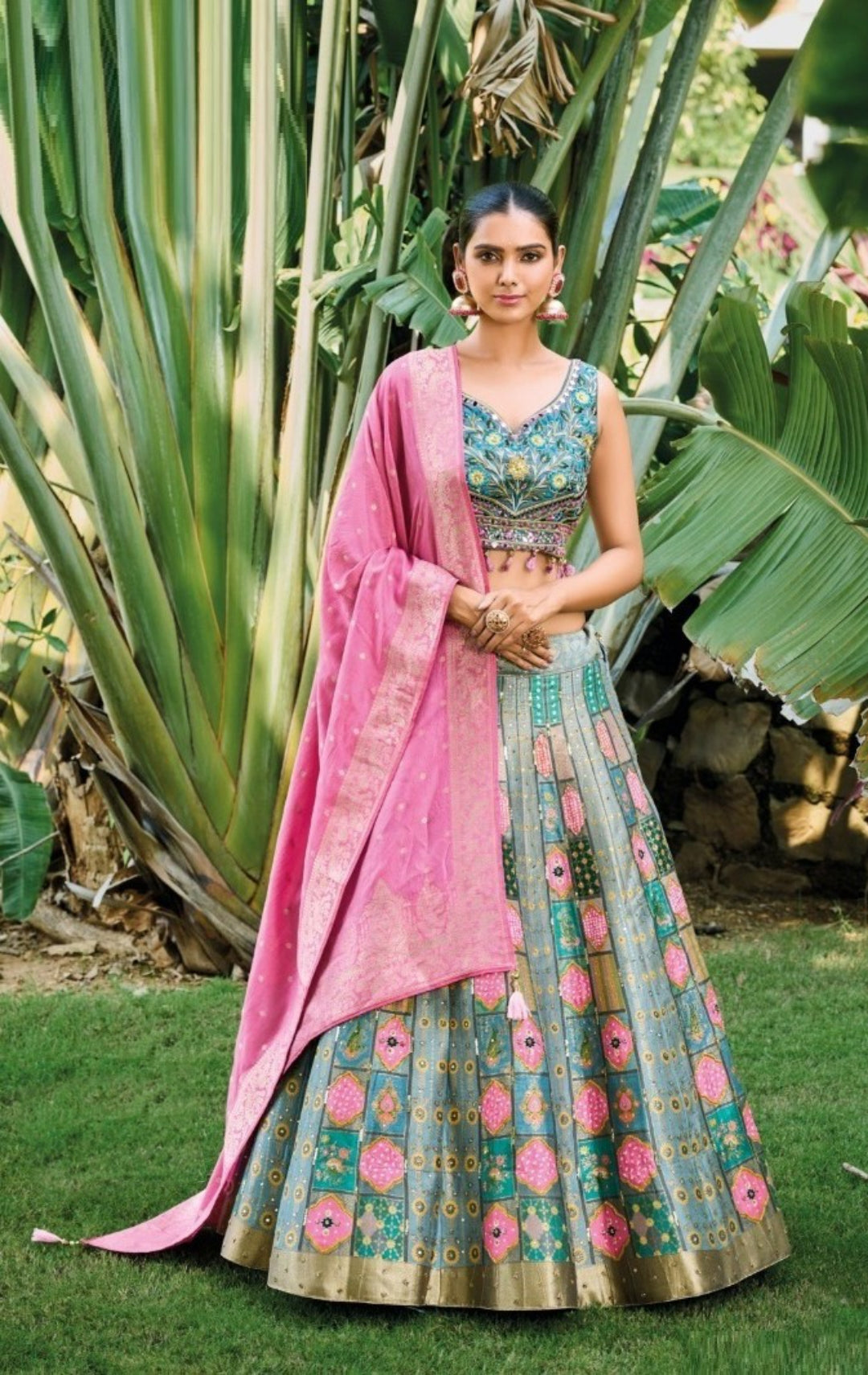 Amazing Grey And Blue Silk With Embroidery Work Bridal Lehenga