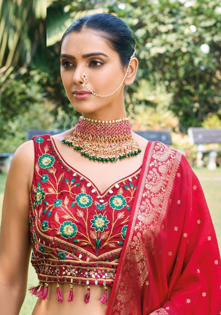 Beautiful Red Multi Silk With Embroidery Work Bridal Lehenga