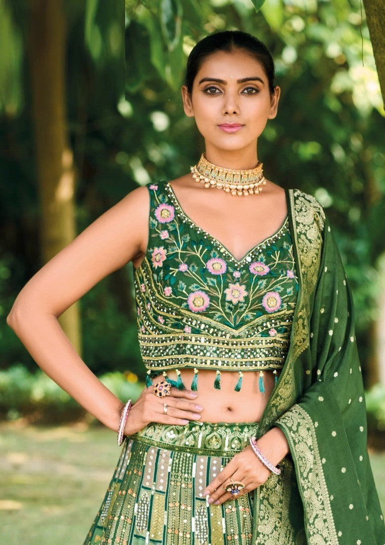 Lustrous Green Silk With Embroidery Work Bridal Lehenga