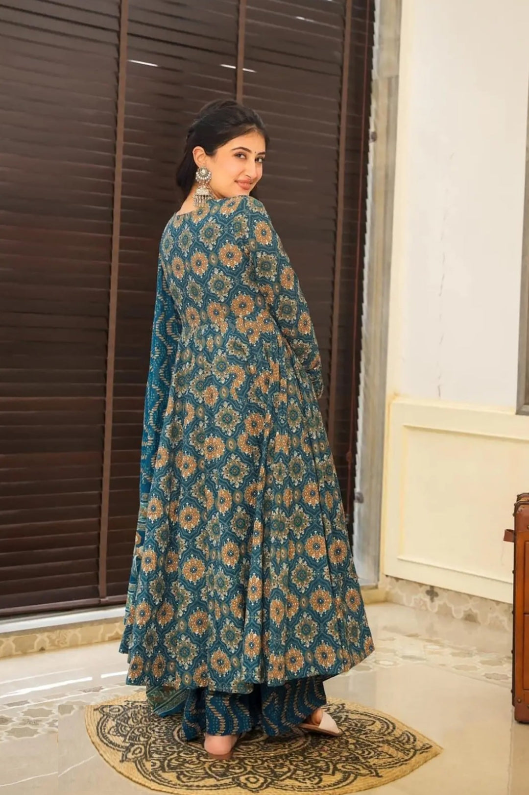 Perfect Teal Digital Print Anarkali Suit Set