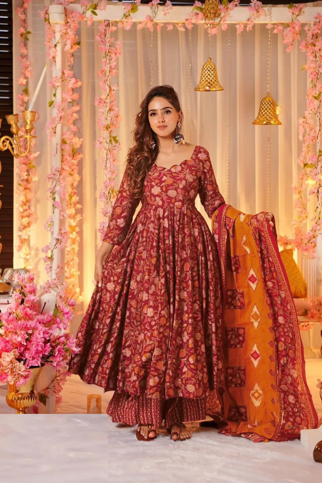 Elegant Maroon Muslin Digital Print Anarkali Suit Set