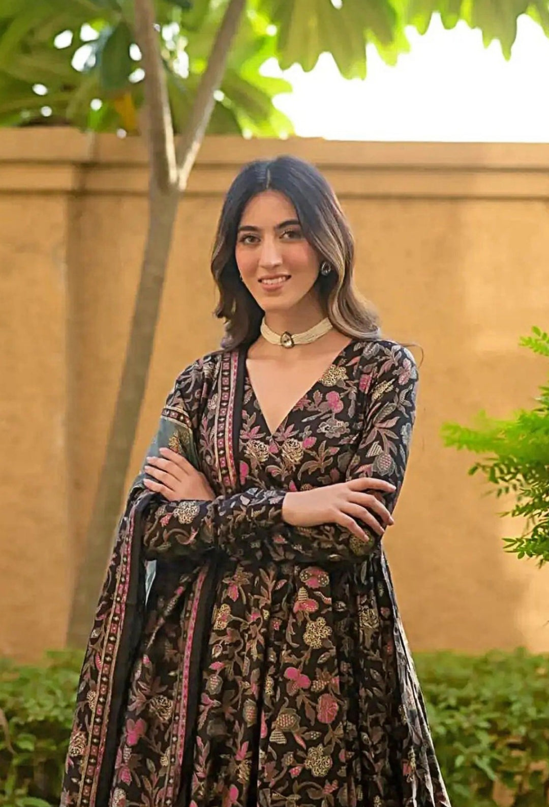 Styles Black Muslin Digital Print Anarkali Suit Set
