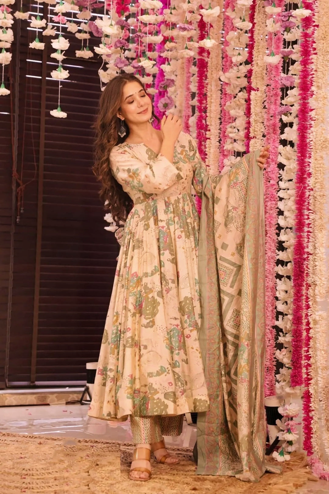 Stunning Beige Muslin Digital Print Anarkali Suit Set