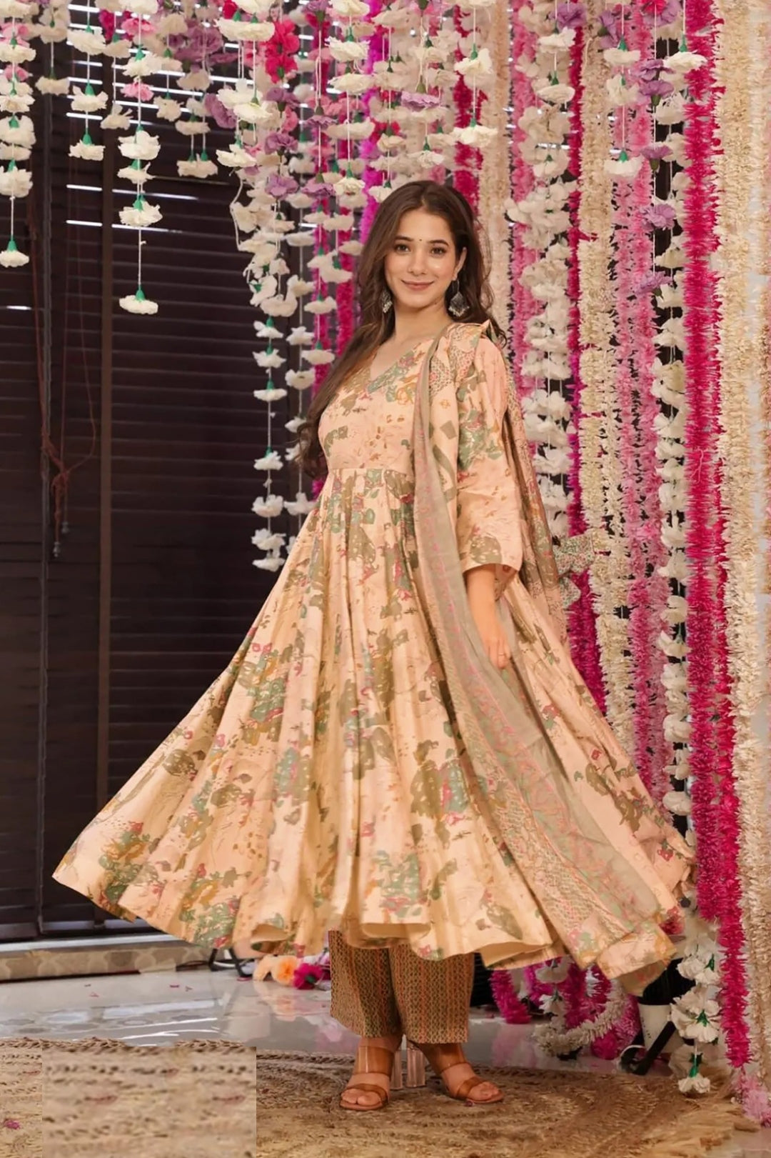 Stunning Beige Muslin Digital Print Anarkali Suit Set