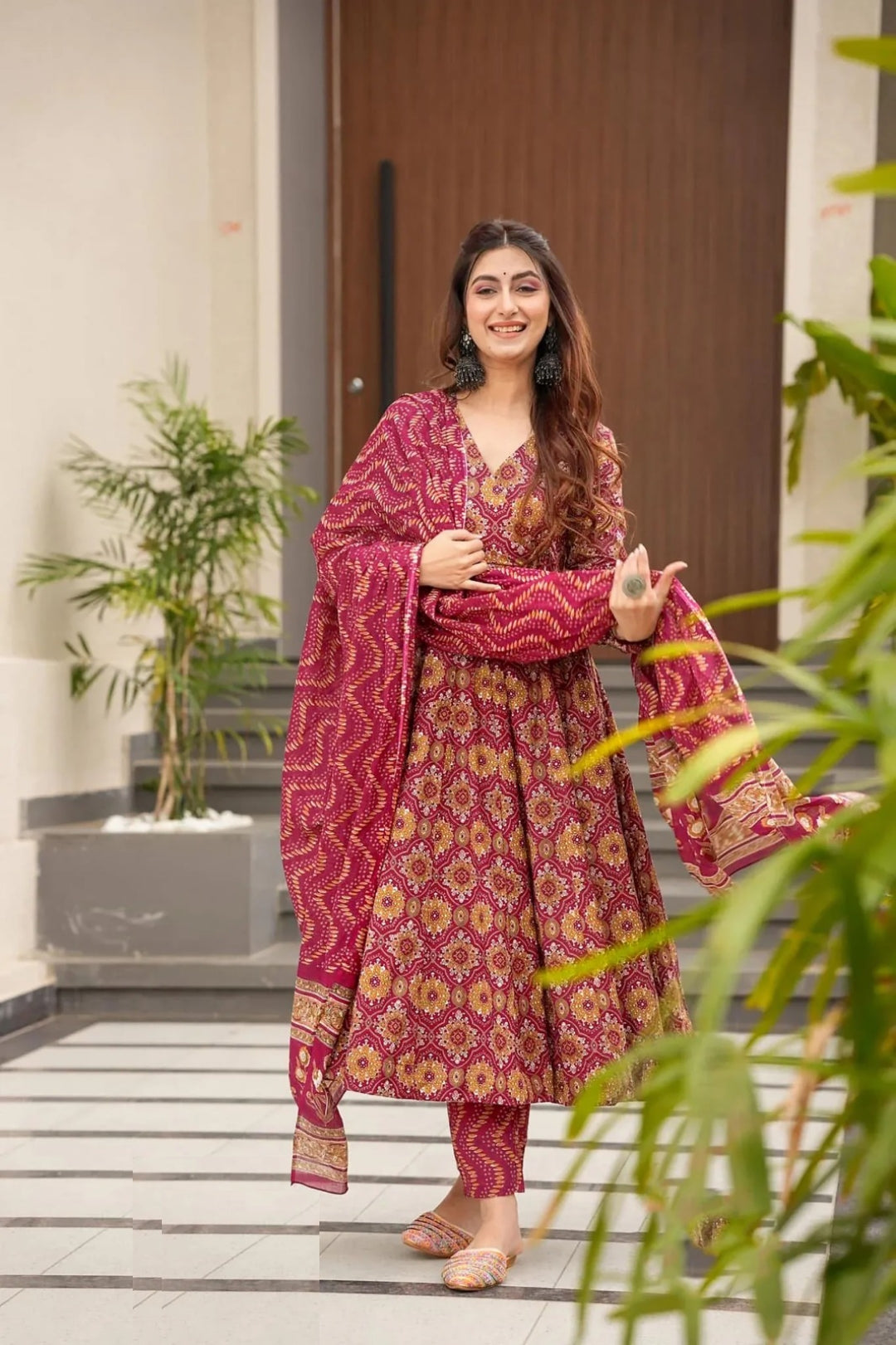 Women Digital Print Pink Muslin Anarkali Suit Set