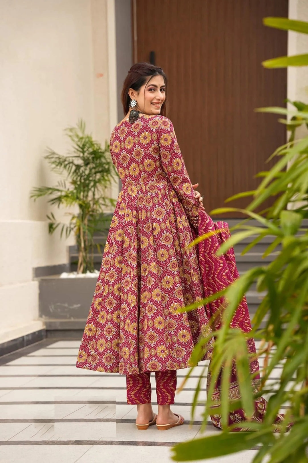 Women Digital Print Pink Muslin Anarkali Suit Set