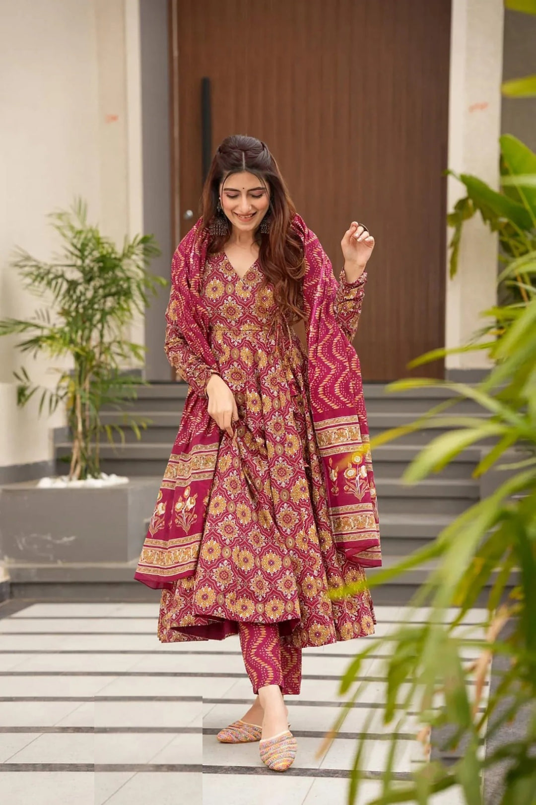 Women Digital Print Pink Muslin Anarkali Suit Set