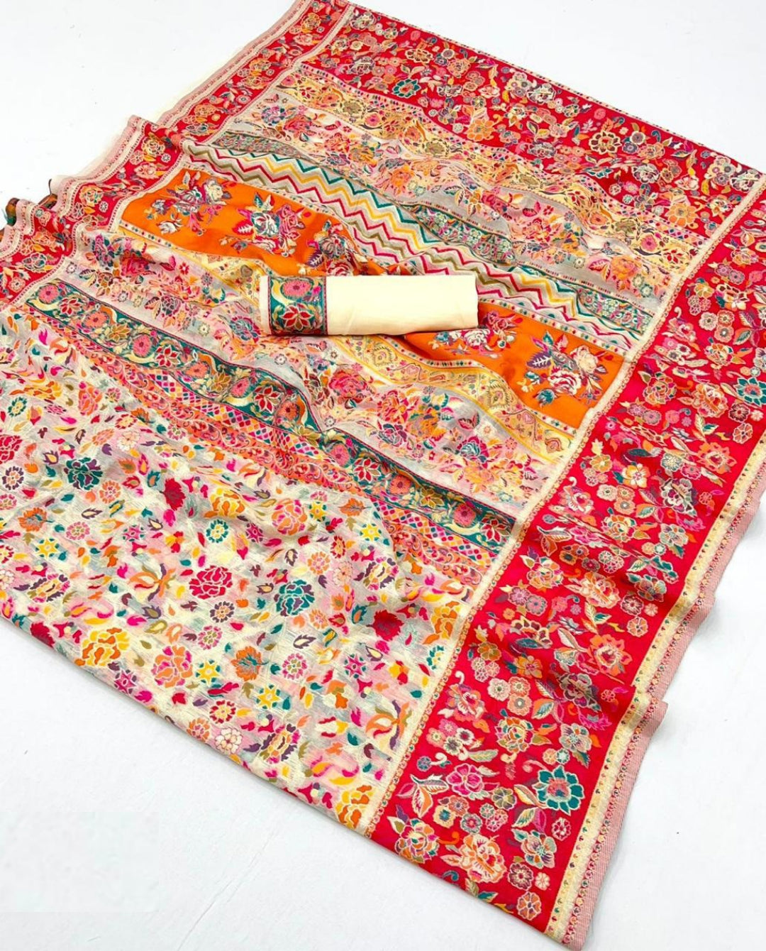 Beautiful Silk Off White Multicolor Kashmiri Saree