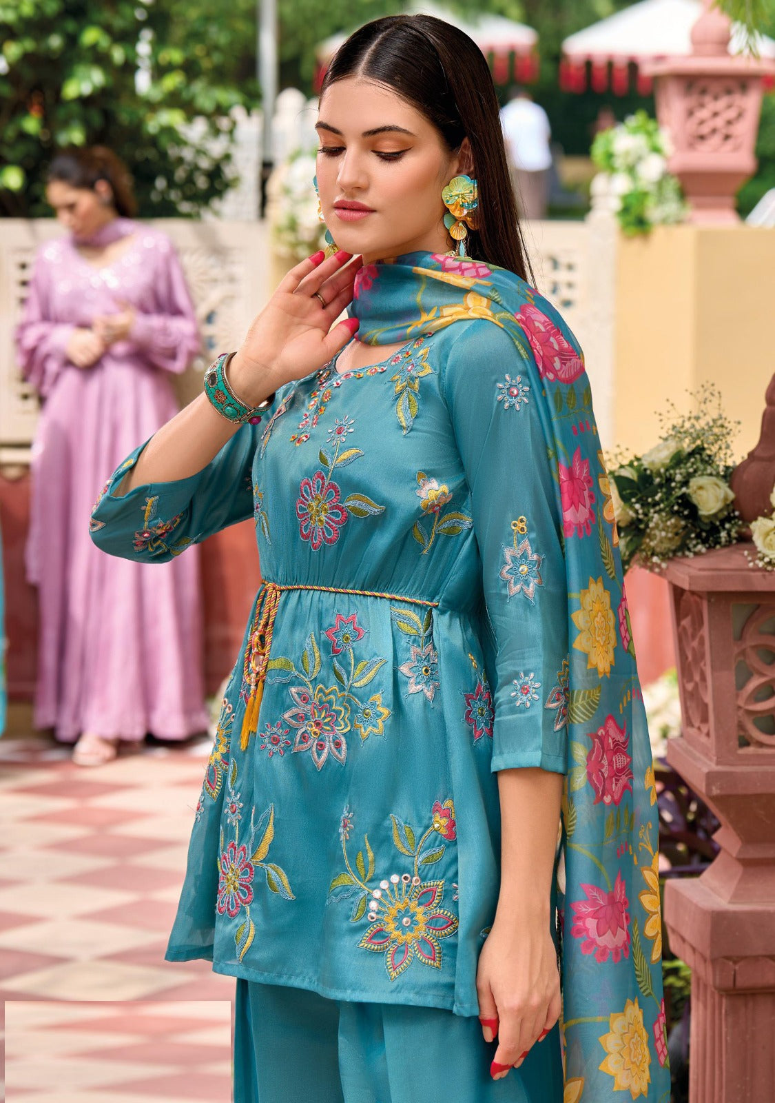 Women Blue Viscose Simmer Pant Suit Set