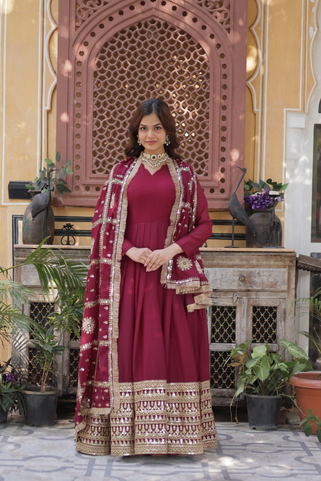 Women Burgundy Georgette Gown With Dupatta