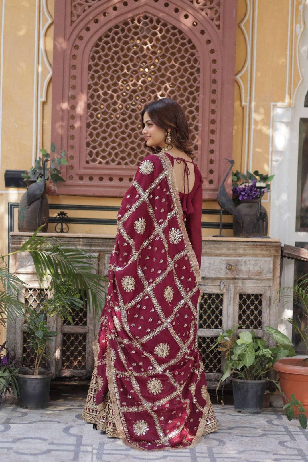 Women Burgundy Georgette Gown With Dupatta