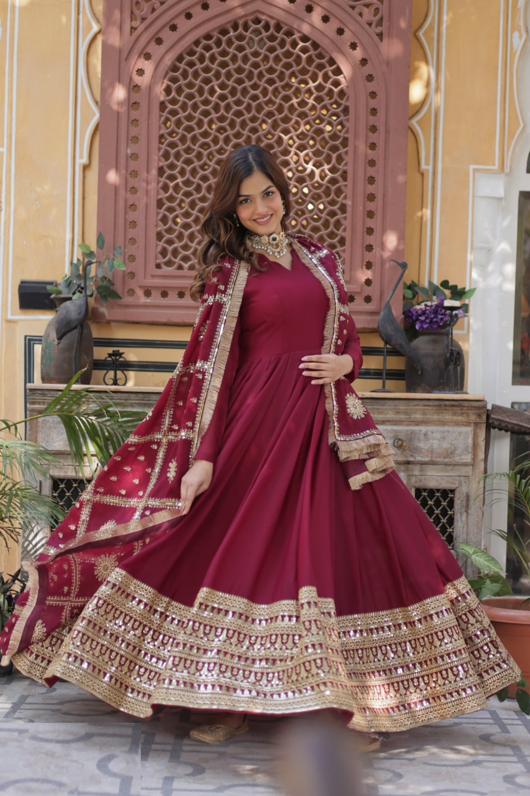 Women Burgundy Georgette Gown With Dupatta