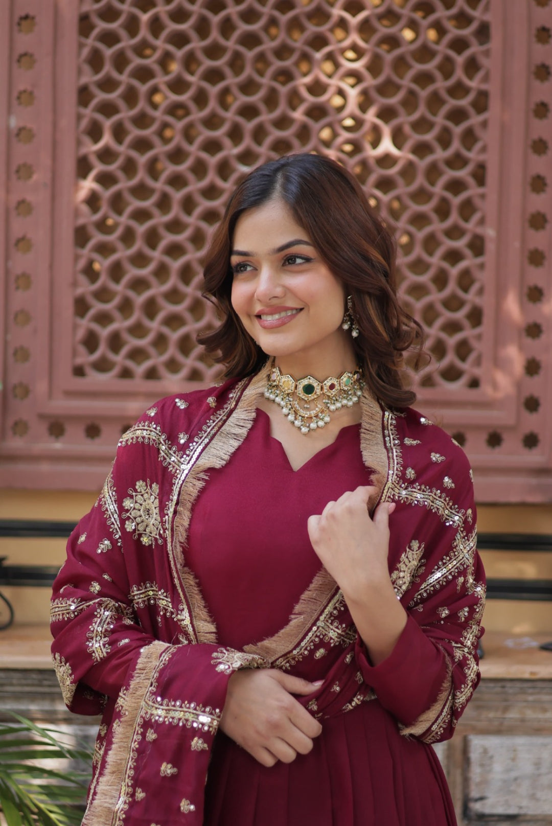 Women Burgundy Georgette Gown With Dupatta