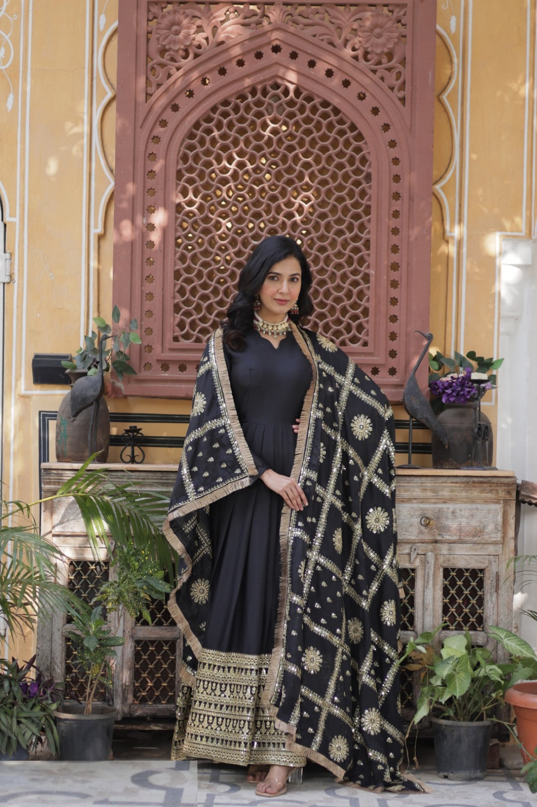 Women Black Georgette Gown With Dupatta