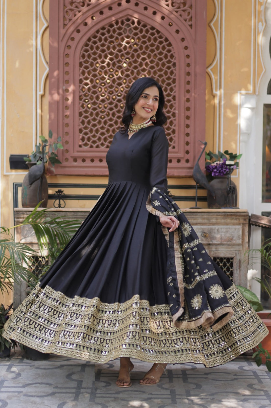 Women Black Georgette Gown With Dupatta