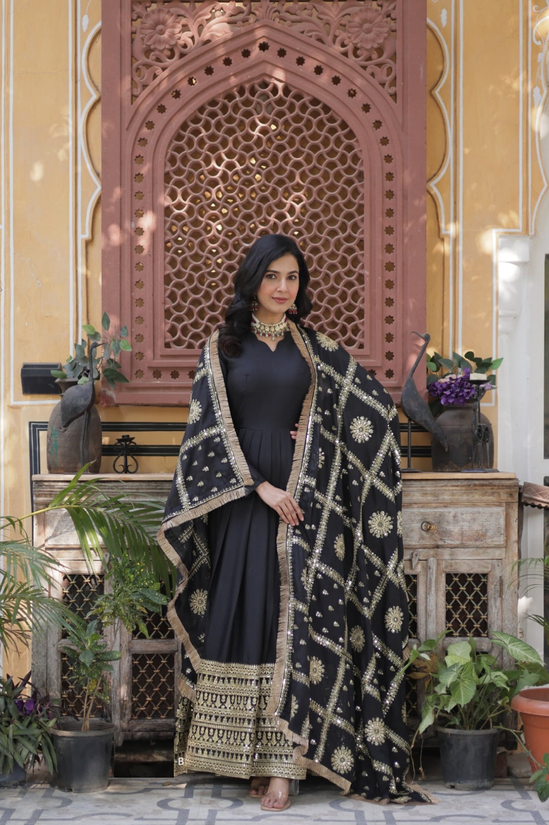 Women Black Georgette Gown With Dupatta