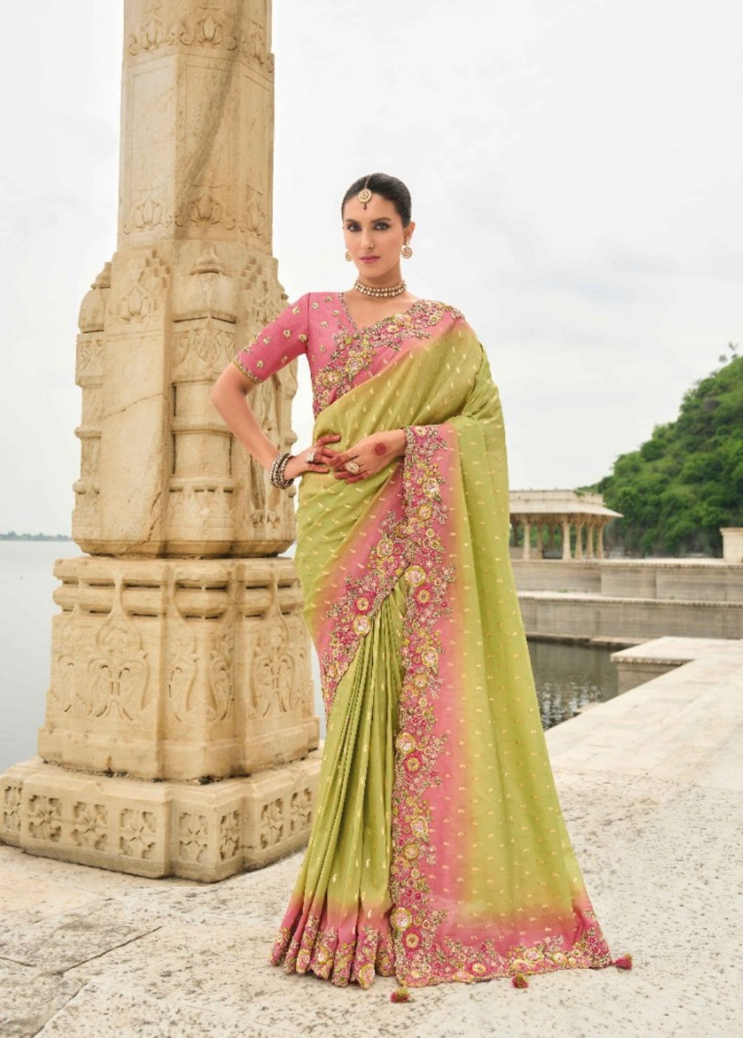 Polished Pink And Green Viscose Silk Embroidery Saree