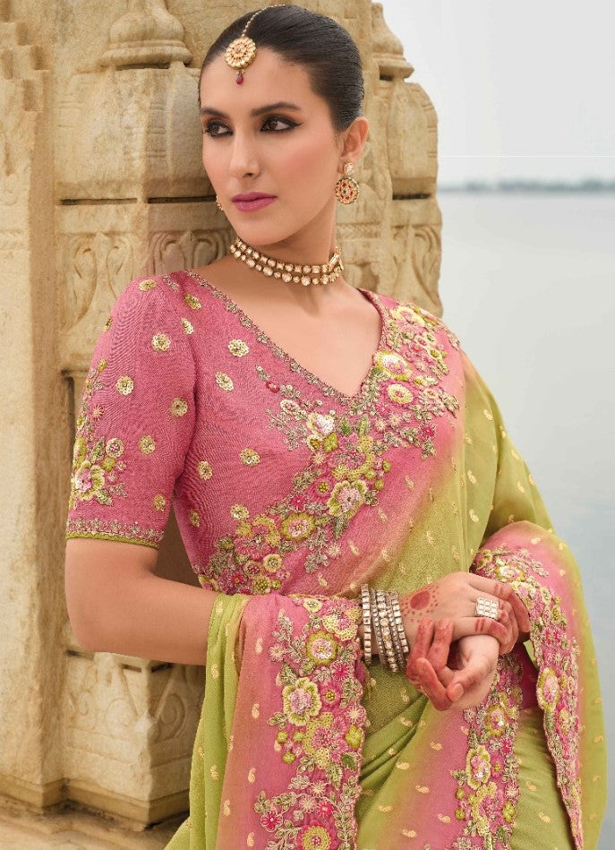 Polished Pink And Green Viscose Silk Embroidery Saree