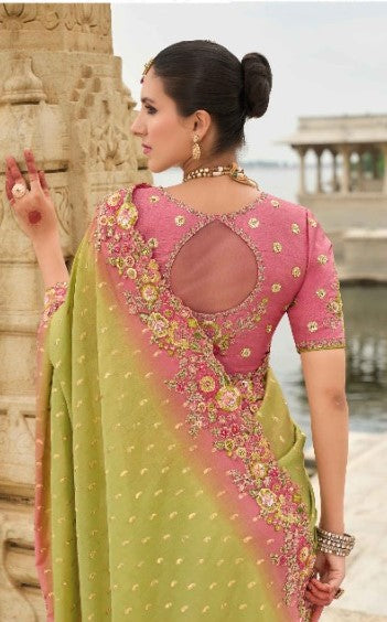 Polished Pink And Green Viscose Silk Embroidery Saree
