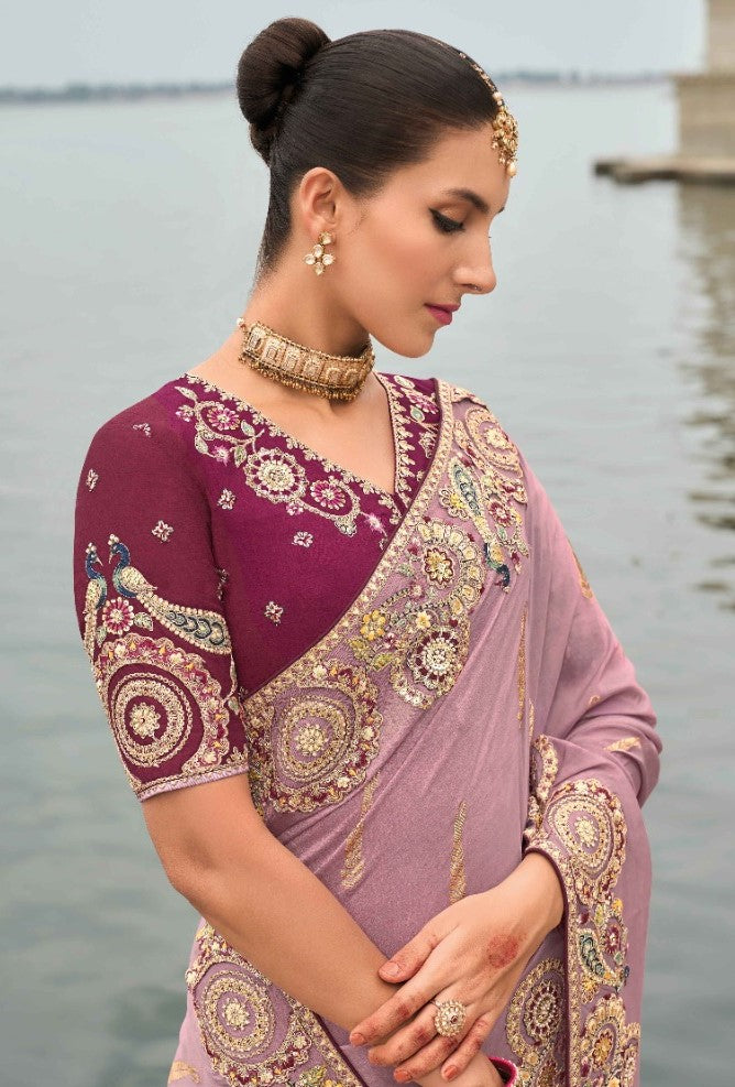 Dazzling Violet And Burgundy Viscose Silk Embroidery Saree
