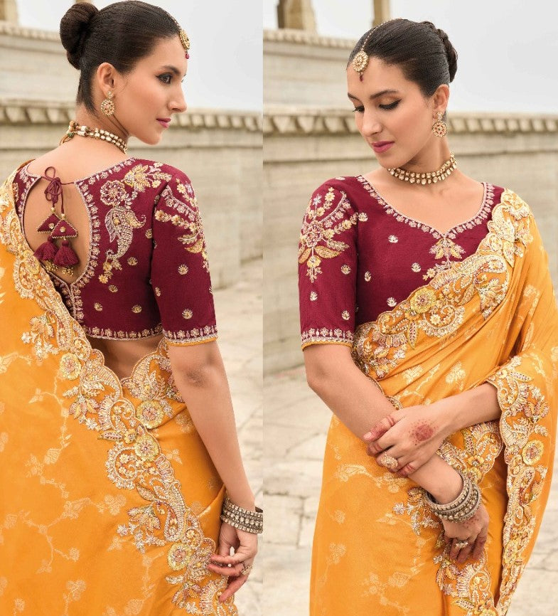 Classy Orange And Maroon Viscose Silk Embroidery Saree