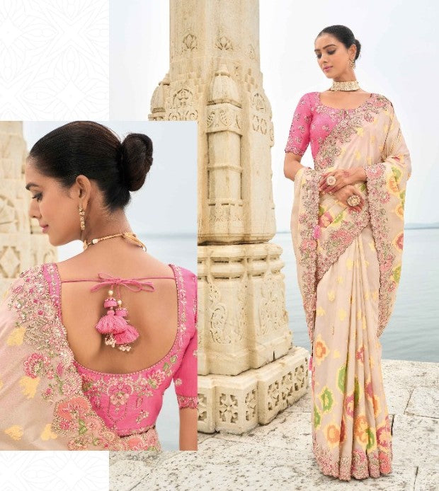 Stylish Off White And Pink Viscose Silk Embroidery Saree